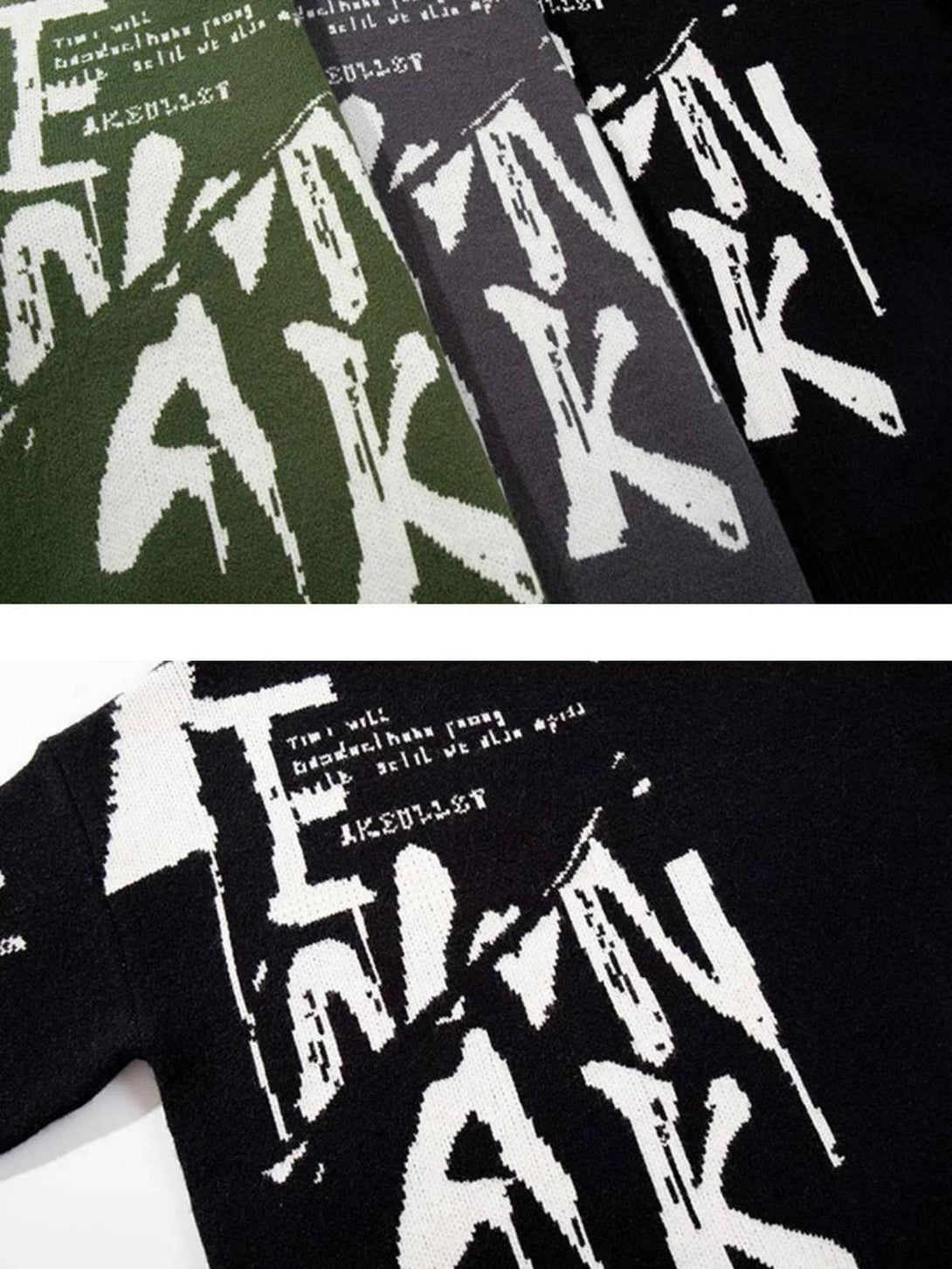 Close-up of graffiti-style jacquard sweaters by TALISHKO, showcasing bold street-inspired patterns.