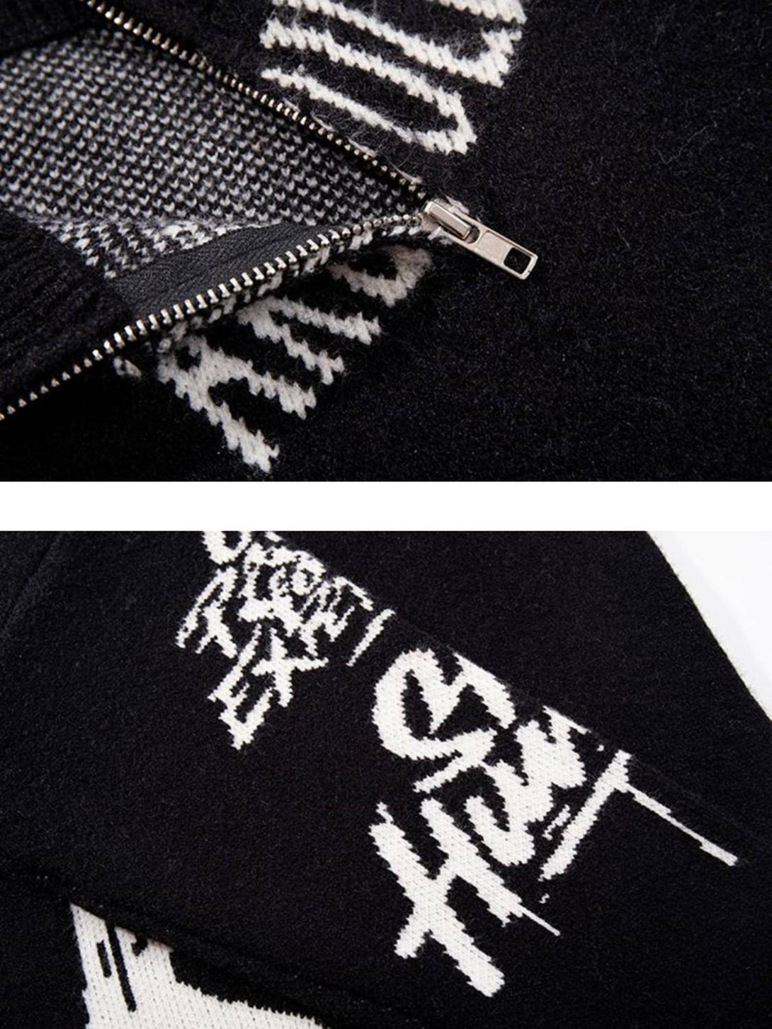 Detailed view of black graffiti jacquard sweater by TALISHKO, highlighting intricate zipper design.