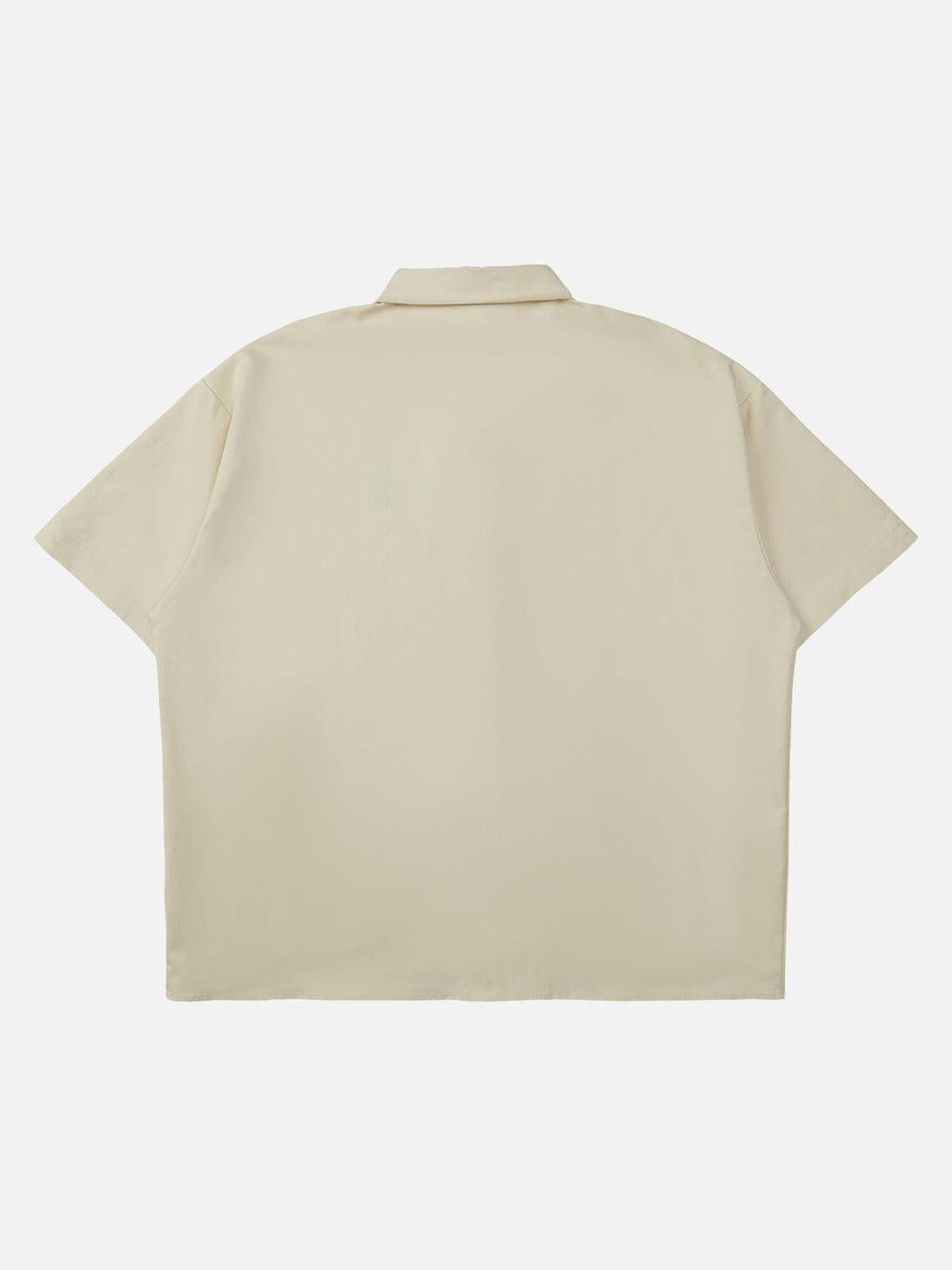 Back view of TALISHKO short sleeve shirt in beige, highlighting its minimalist design.