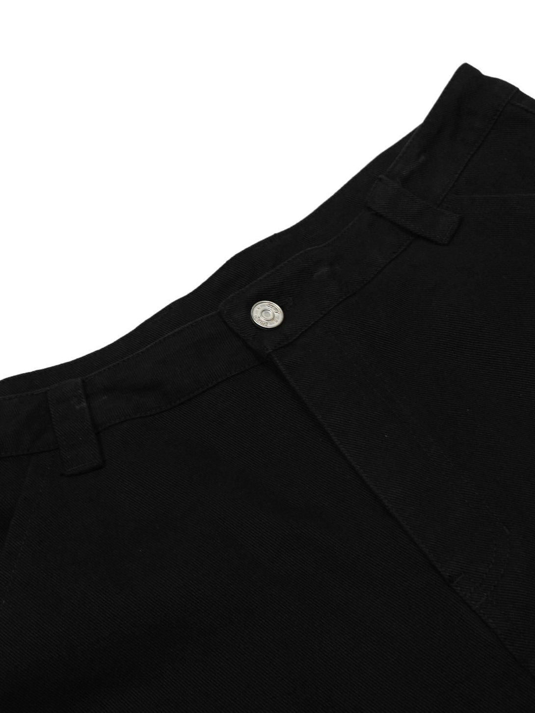 A detailed view of TALISHKO black cargo jorts, highlighting the button and belt loops.