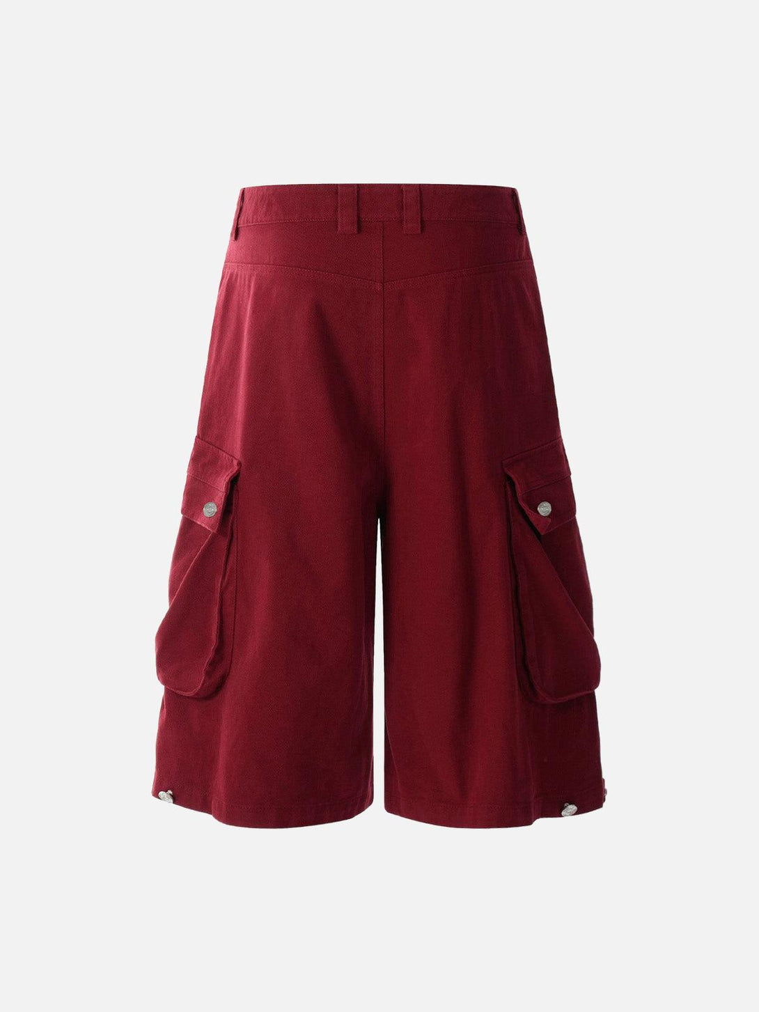 Front view of TALISHKO red cargo jorts, showcasing pleats and multiple pockets for stylish utility.