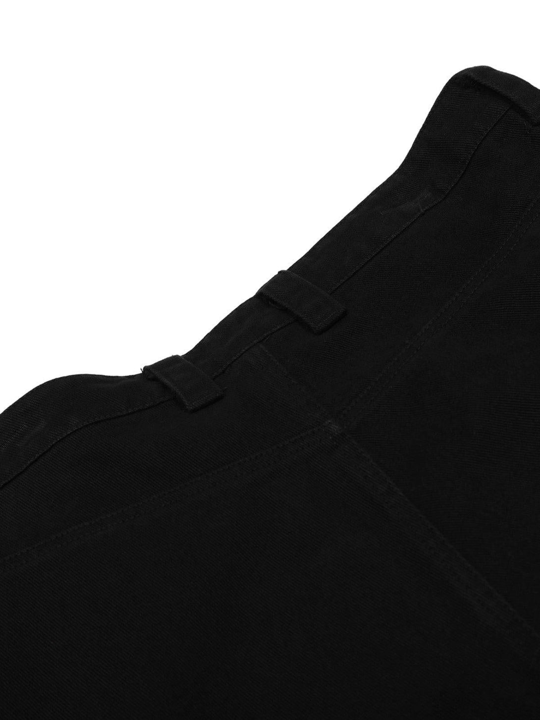 Intricate look at TALISHKO black cargo jorts, focusing on the belt loops and fabric texture.