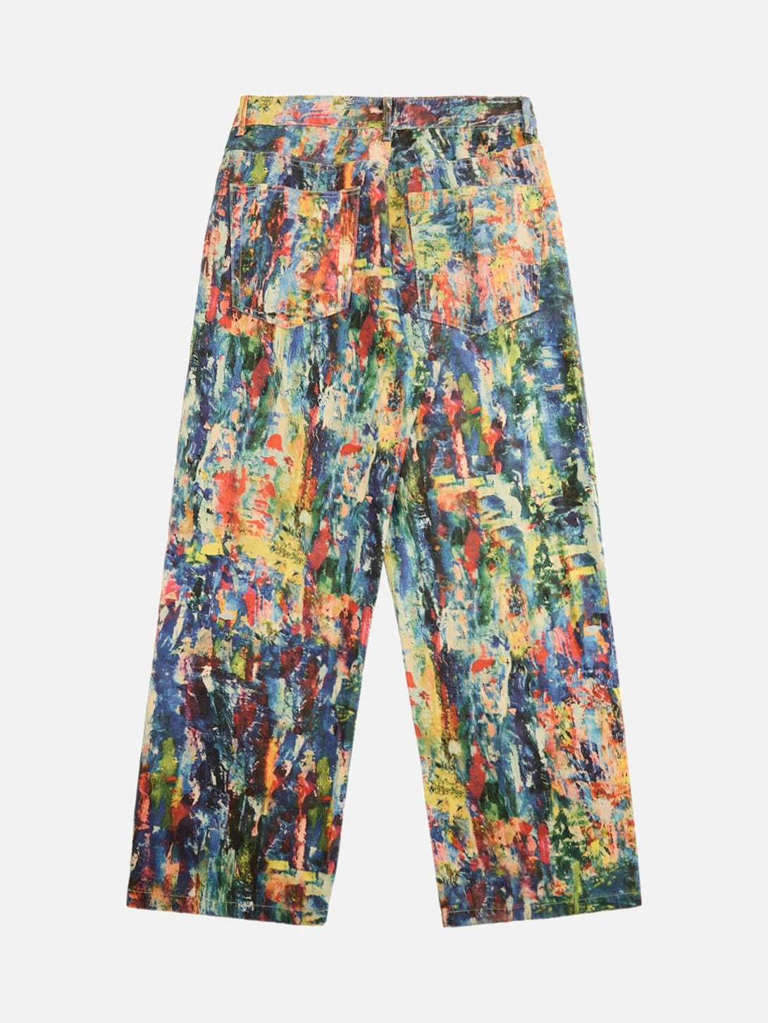 Back view of TALISHKO's colorful street-style straight jeans with an artistic oil painting design.