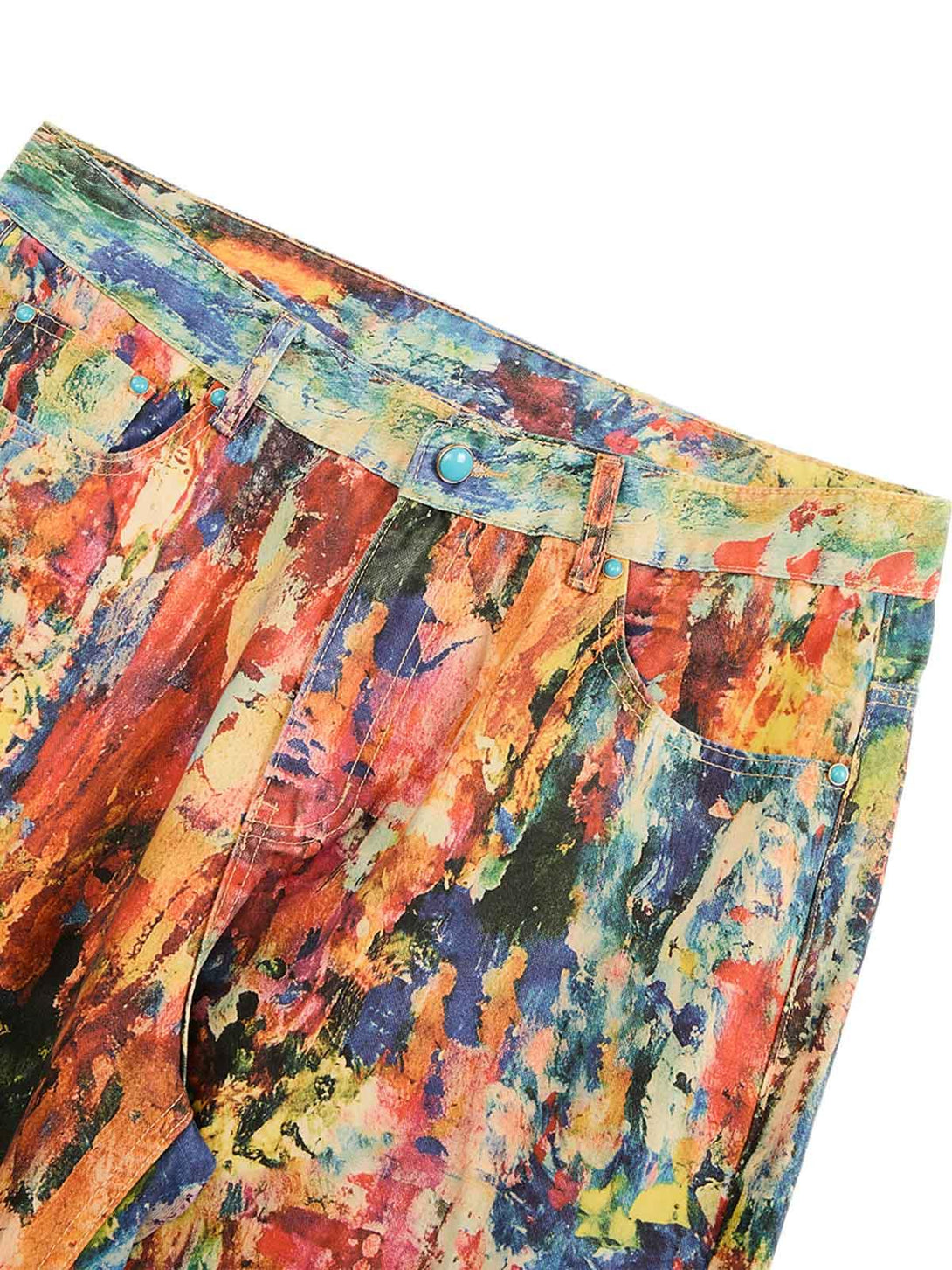 A close-up of TALISHKO's vibrant straight jeans featuring an artistic oil painting design.