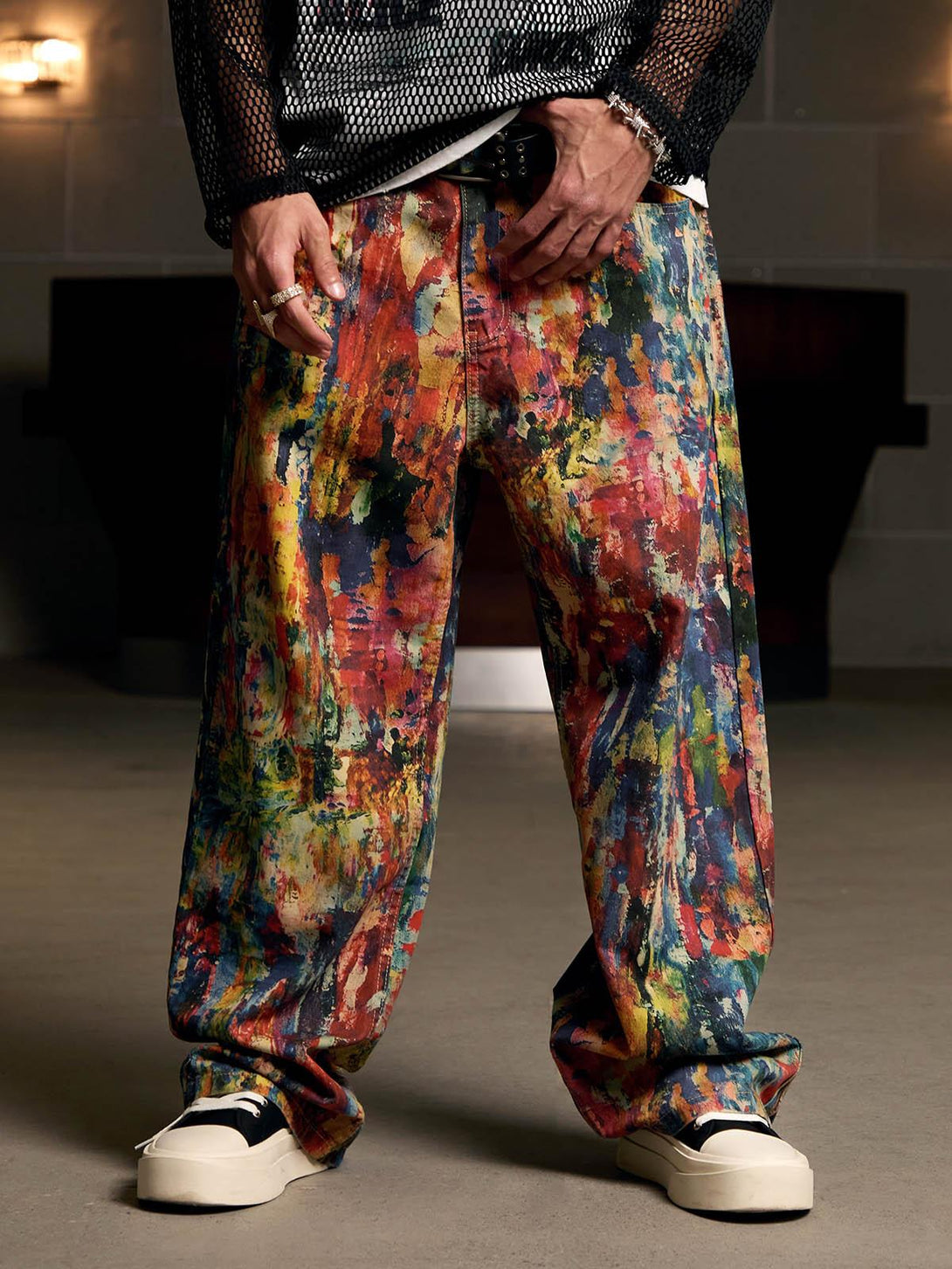 Model wearing colorful street-style jeans with an oil painting effect by TALISHKO.
