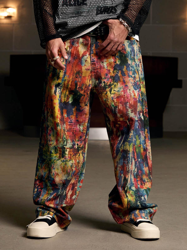 Model wearing colorful street-style jeans with an oil painting effect by TALISHKO.