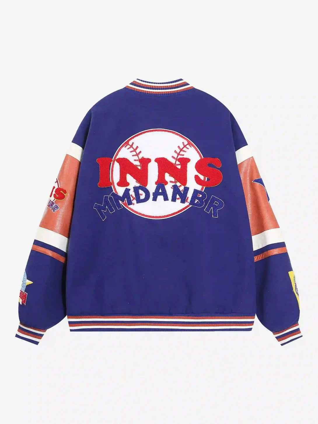 Back view of TALISHKO's street-style baseball jacket with bold embroidery and patchwork.