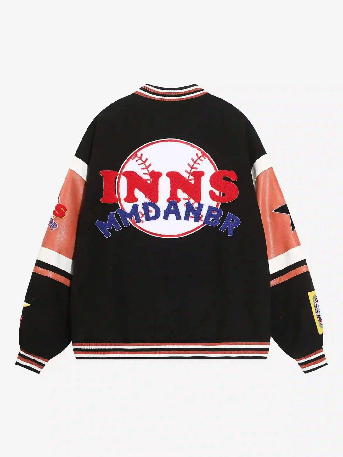 Back view of TALISHKO's embroidered baseball jacket with colorful patchwork details.