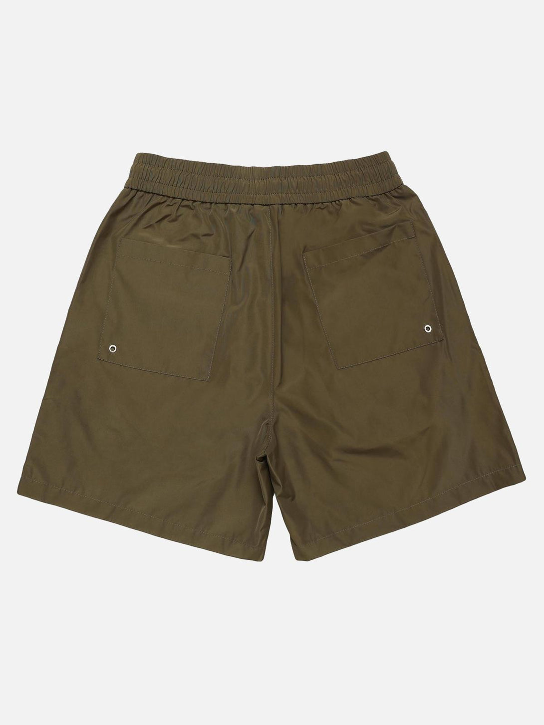Back view of TALISHKO's green multi-pocket shorts, highlighting the patchwork design.