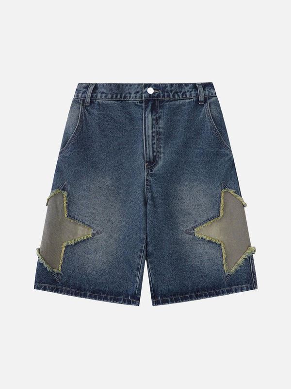 TALISHKO denim shorts featuring star embroidery and patchwork details for a trendy summer look.