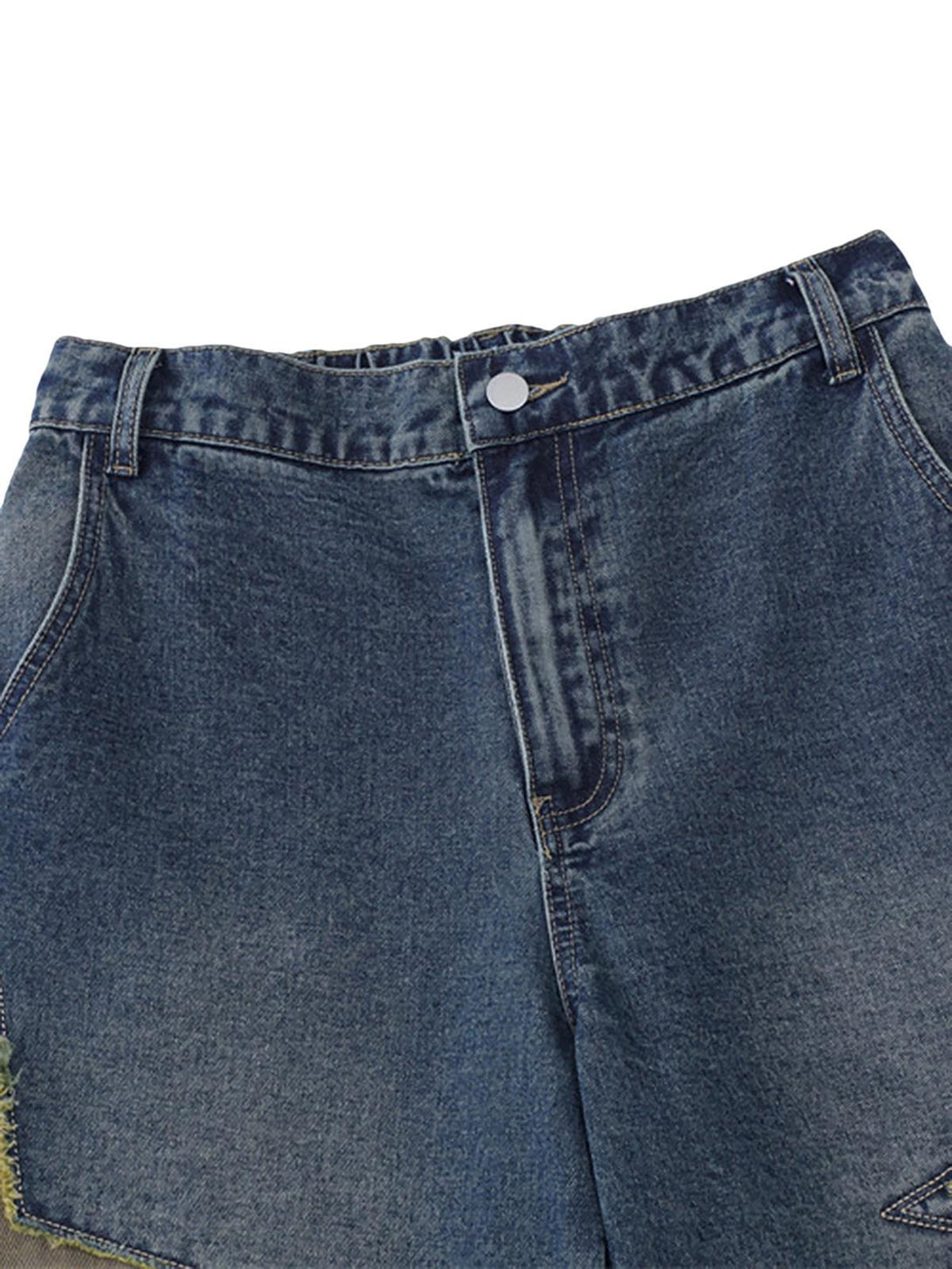 Focusing on TALISHKO denim shorts, highlighting star embroidery and patchwork design.