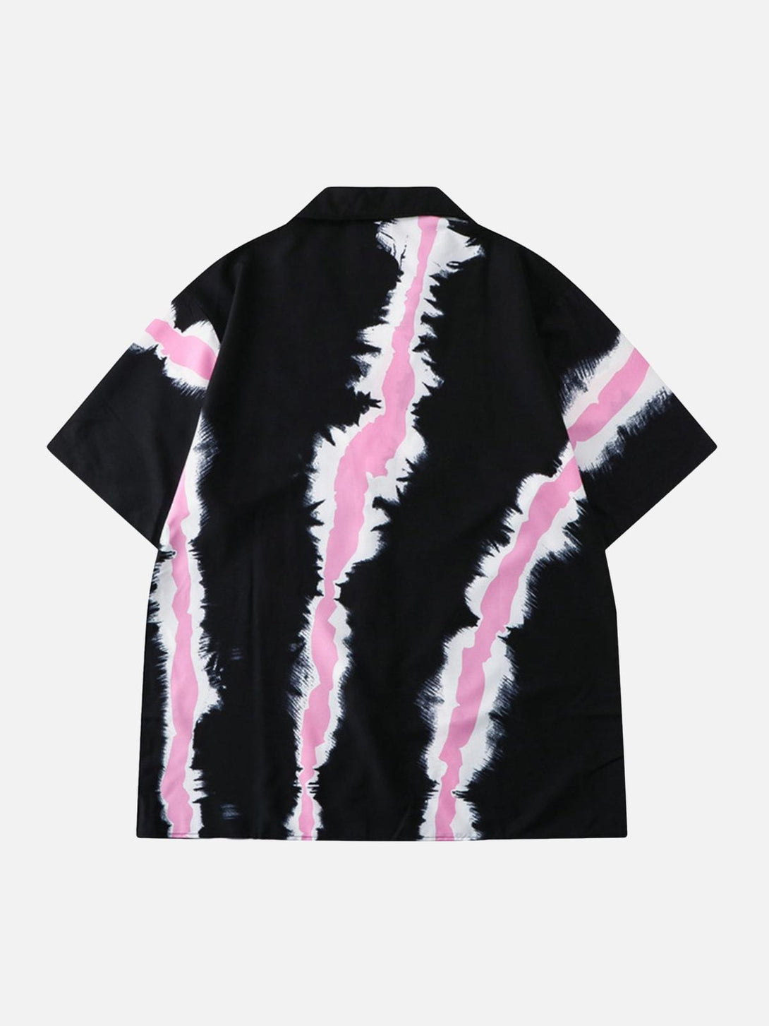 Back view of TALISHKO's short sleeve shirt featuring bold pink and white abstract stripes.