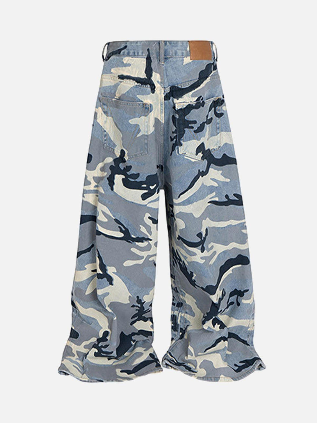 Back view of TALISHKO's camouflage baggy jeans, embodying a bold, relaxed street style.