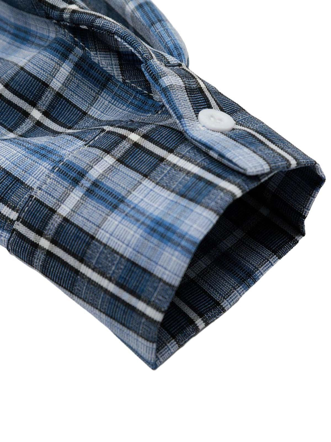 TALISHKO's plaid shirt sleeve features intricate blue and black checkered pattern detail.
