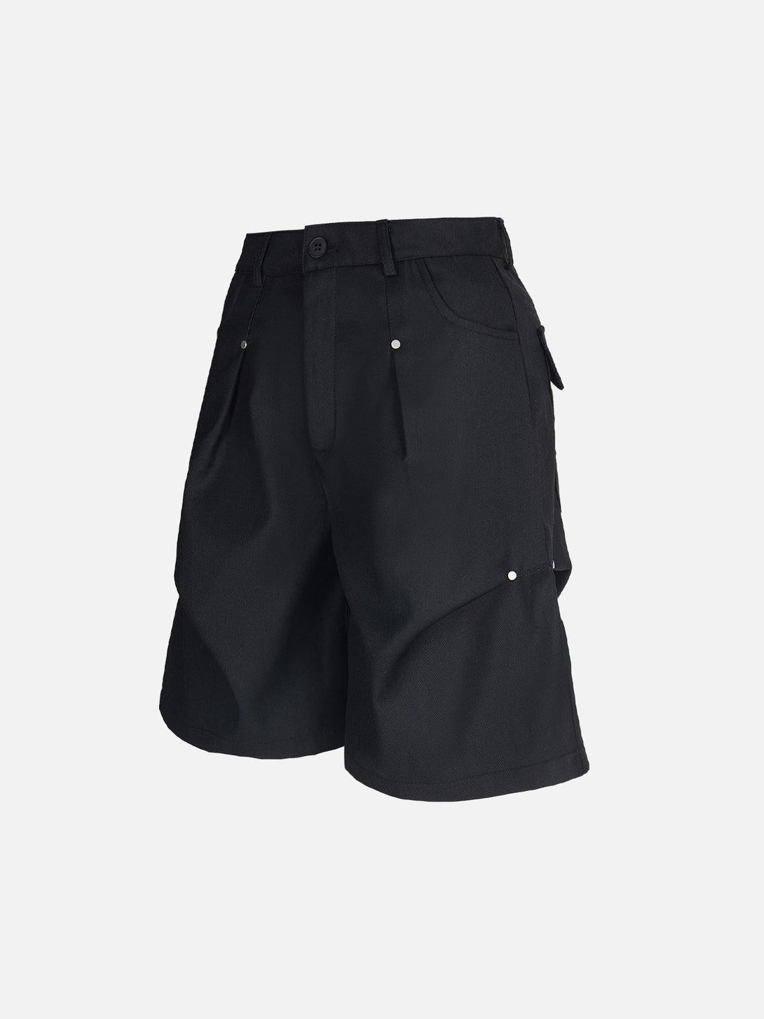 Side view of black pleated shorts with rivet details by TALISHKO, offering a retro vibe.