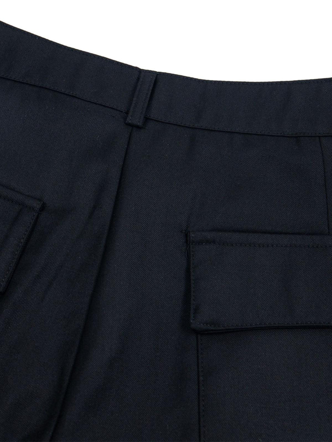 Detailed look at TALISHKO shorts, featuring dark fabric and distinctive pocket design.