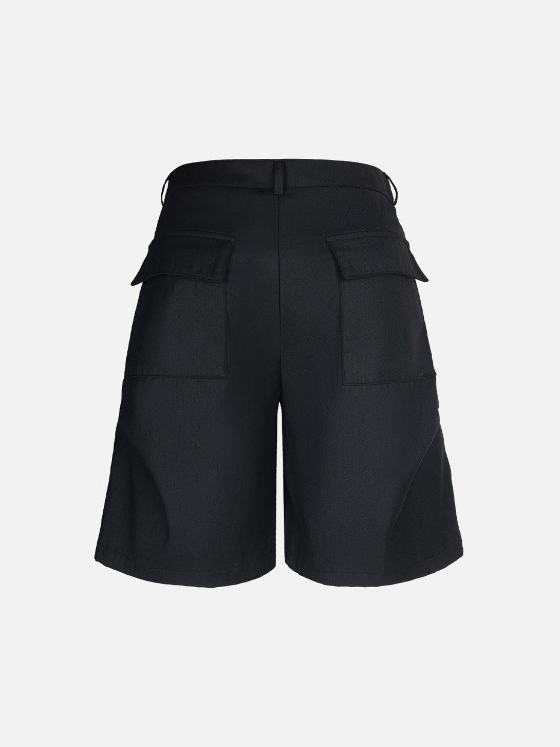 Back view of black pleated shorts by TALISHKO, featuring retro pockets and rivet accents.