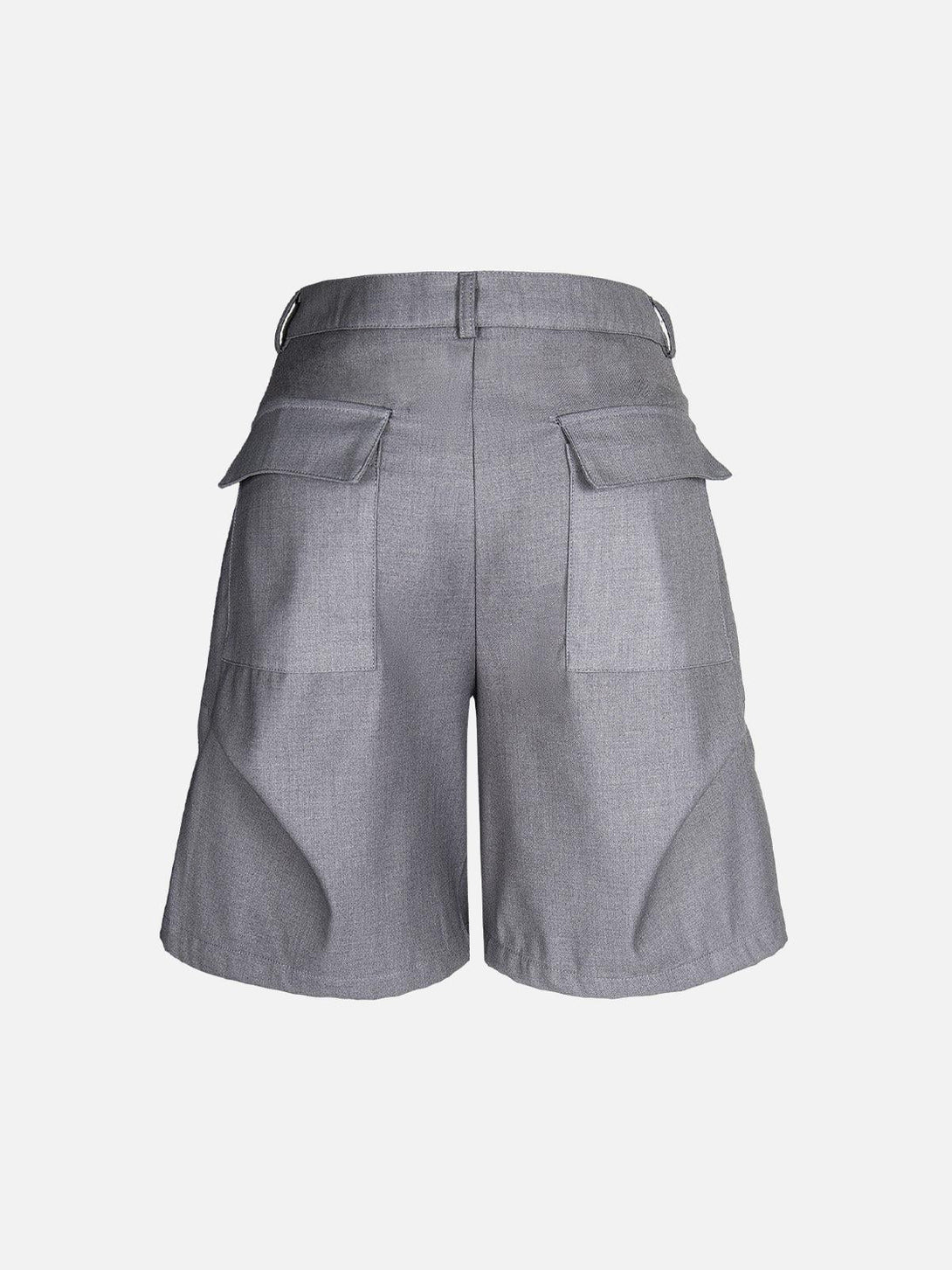 Back view of gray pleated shorts by TALISHKO, featuring retro pockets and rivet accents.