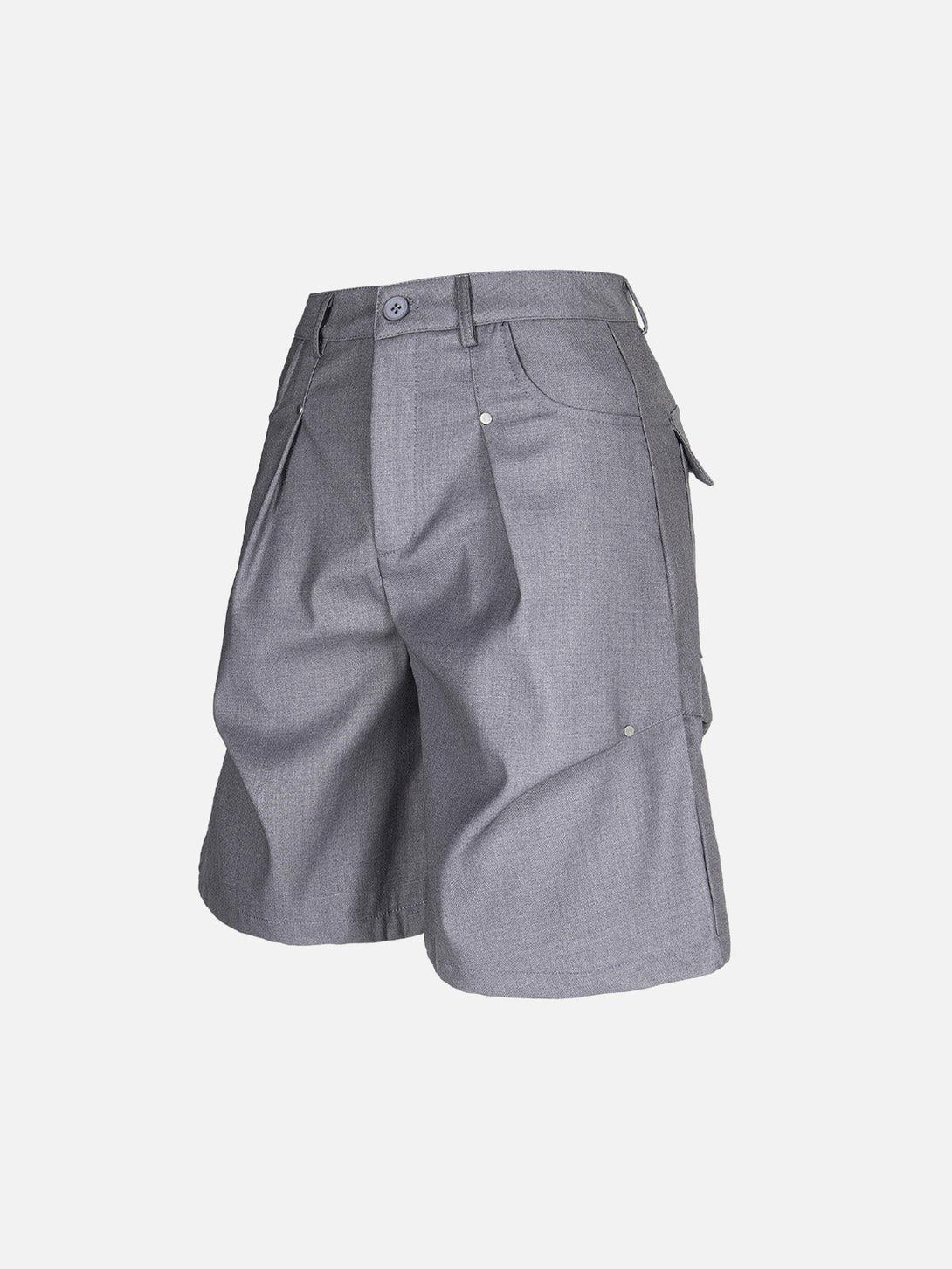 Side view of gray pleated shorts by TALISHKO, showcasing rivet details and a retro design.