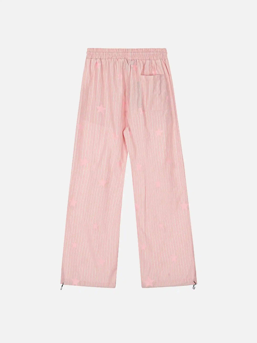 Back view of TALISHKO pink trousers with star and stripe pattern for a chic retro look.