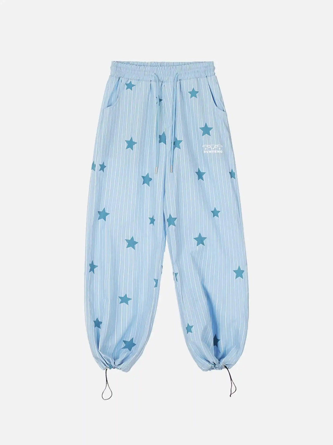 TALISHKO trousers in blue with star and stripe design, displayed front view for a retro look.