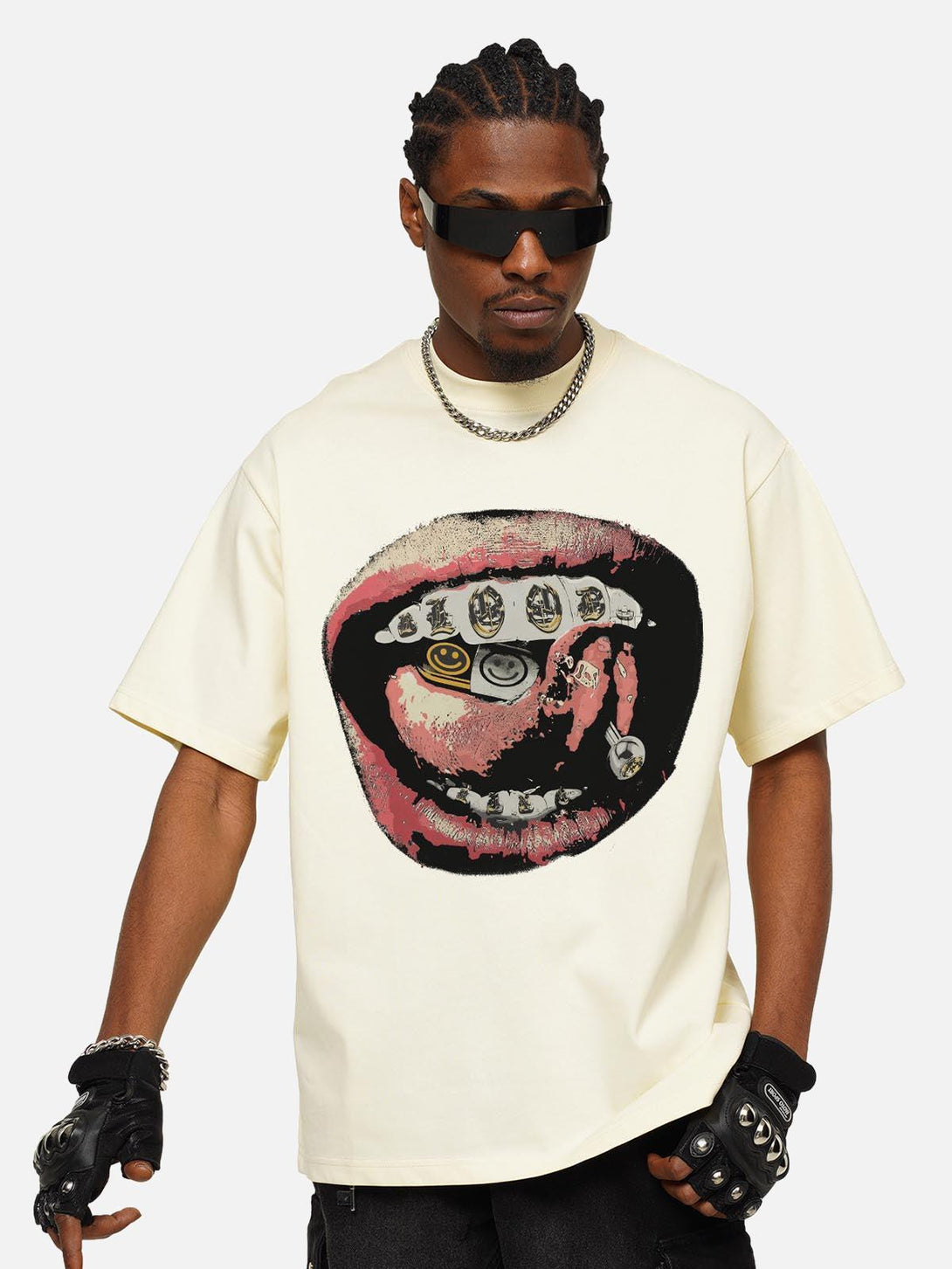 Model wearing a TALISHKO lip print T-shirt, highlighting bold and edgy street fashion.