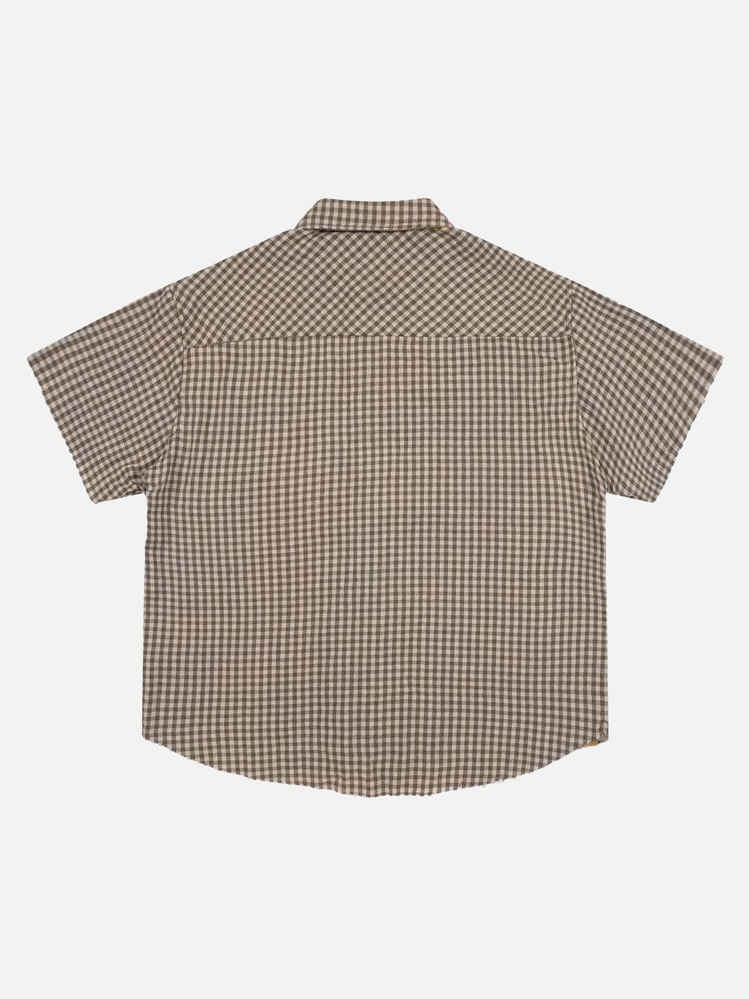 Back view of TALISHKO reversible short-sleeved shirt with a checkered pattern.