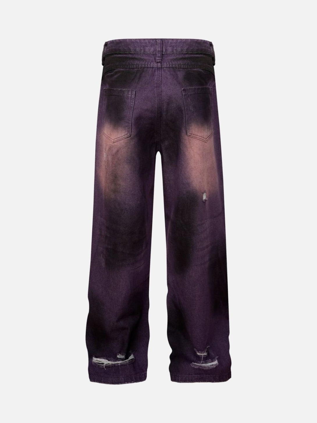 Back view of TALISHKO street jeans in a purple dirty dye with a ripped, edgy style.