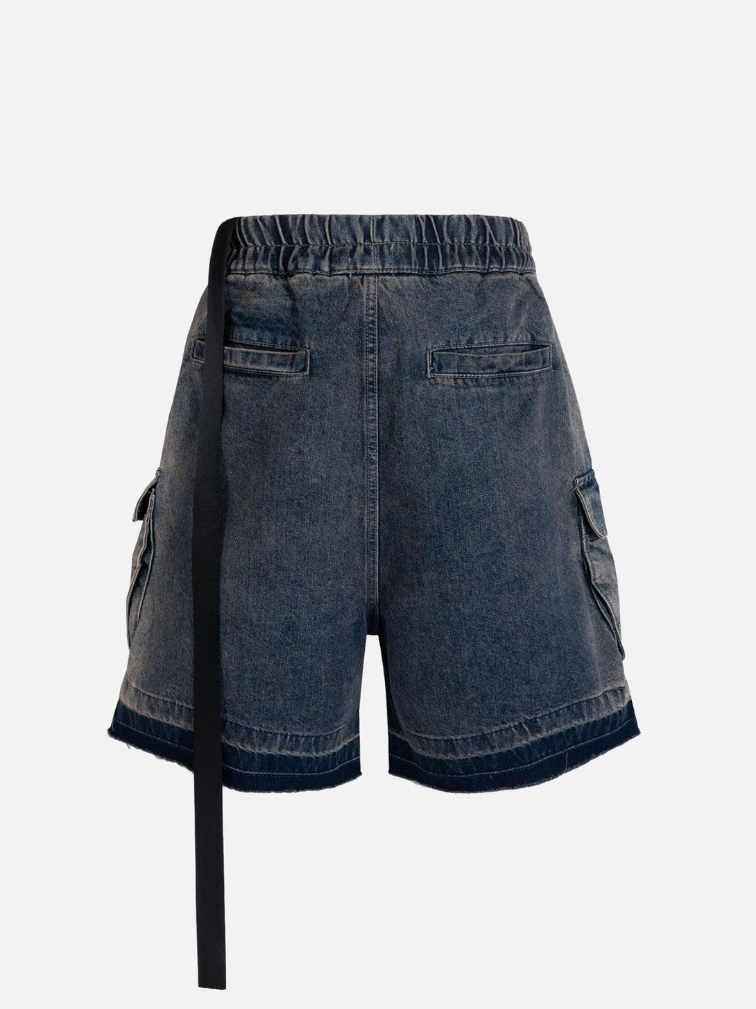 Back view of washed denim cargo jort by TALISHKO, featuring elastic waist and long belt detail.
