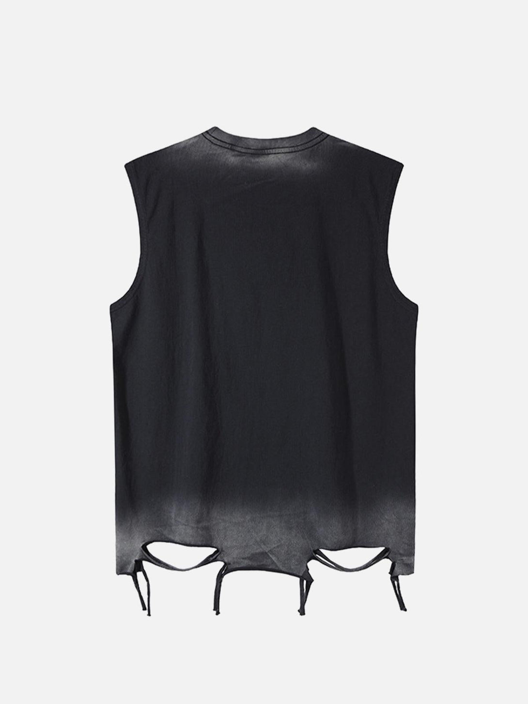 Back view of a street star graphic vest by TALISHKO, featuring a unique cutout hem design.