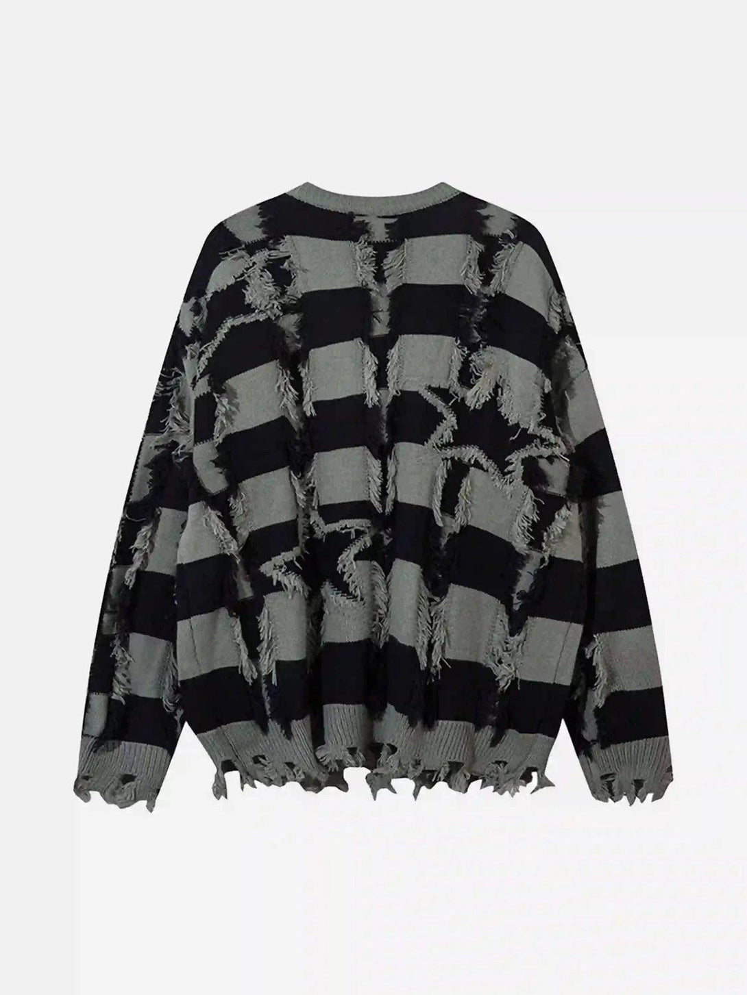 Back view of TALISHKO sweater showcasing gray and black stripes with a distressed, ripped design.