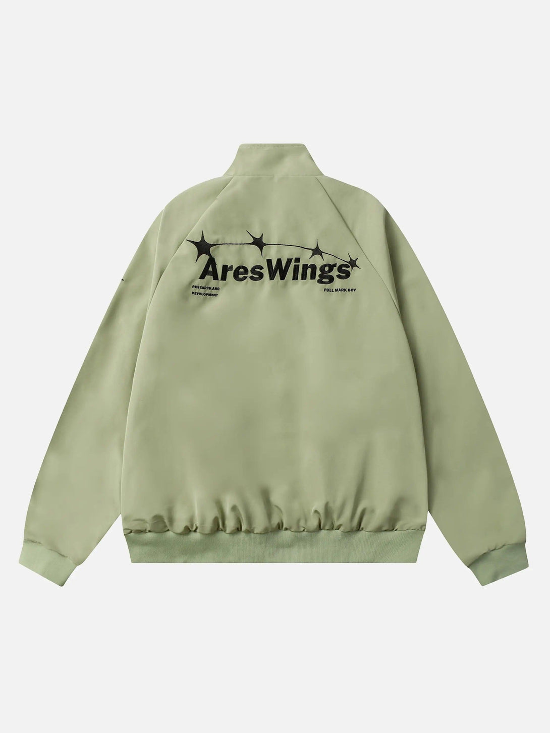 Back view of TALISHKO's green zip-up jacket with star embroidery, adding a stylish edge.