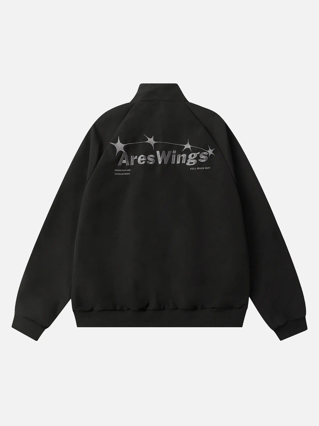 Back view of TALISHKO's black zip-up jacket featuring star embroidery for a bold streetwear look.