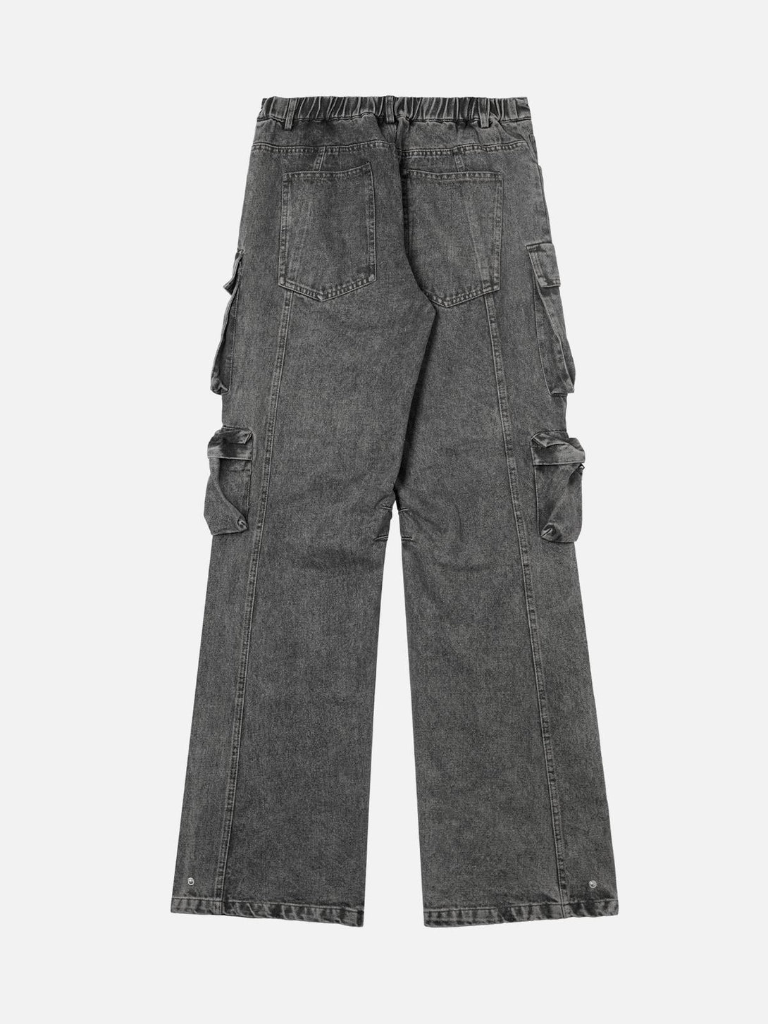 Back view of TALISHKO washed jeans featuring a multi-pocket design and relaxed fit.