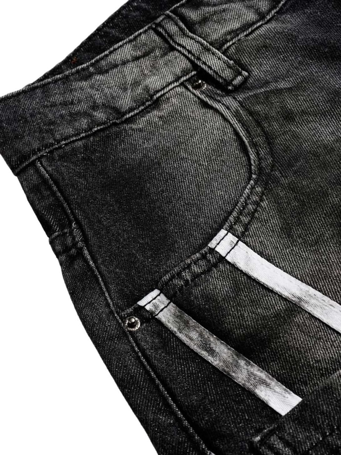 Detailed view of the black barrel jeans' front pocket and stripe accents by TALISHKO.