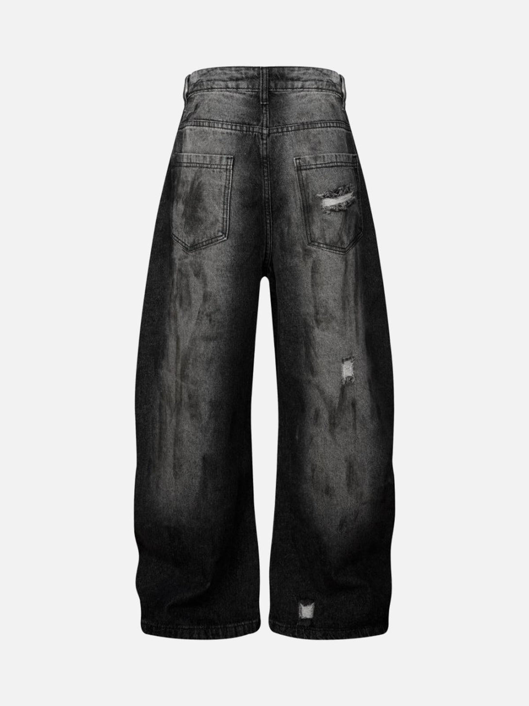Back view of black barrel jeans with distressed details and a worn effect by TALISHKO.