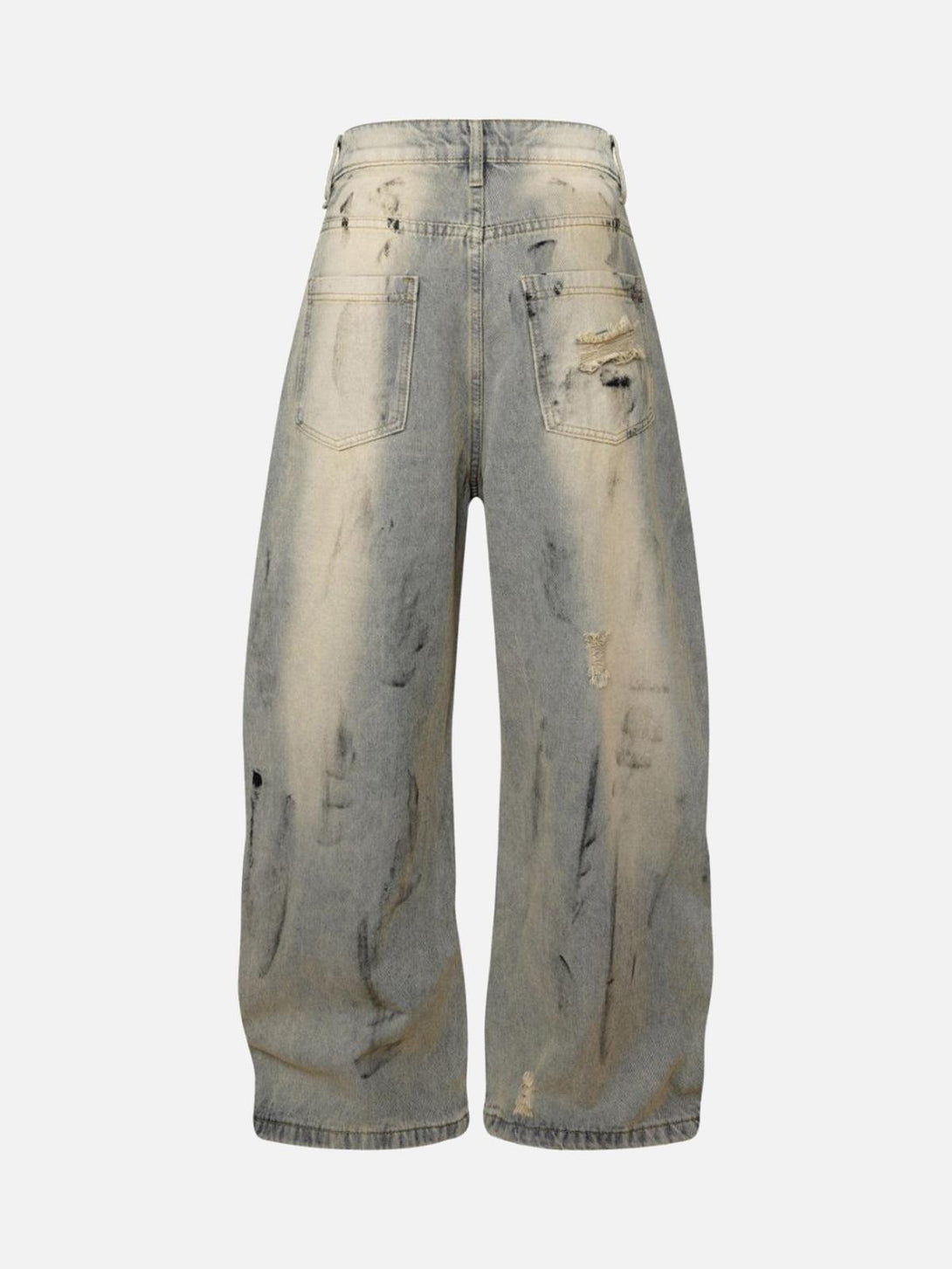Back view of gray barrel jeans with a dirty dye and distressed style by TALISHKO.