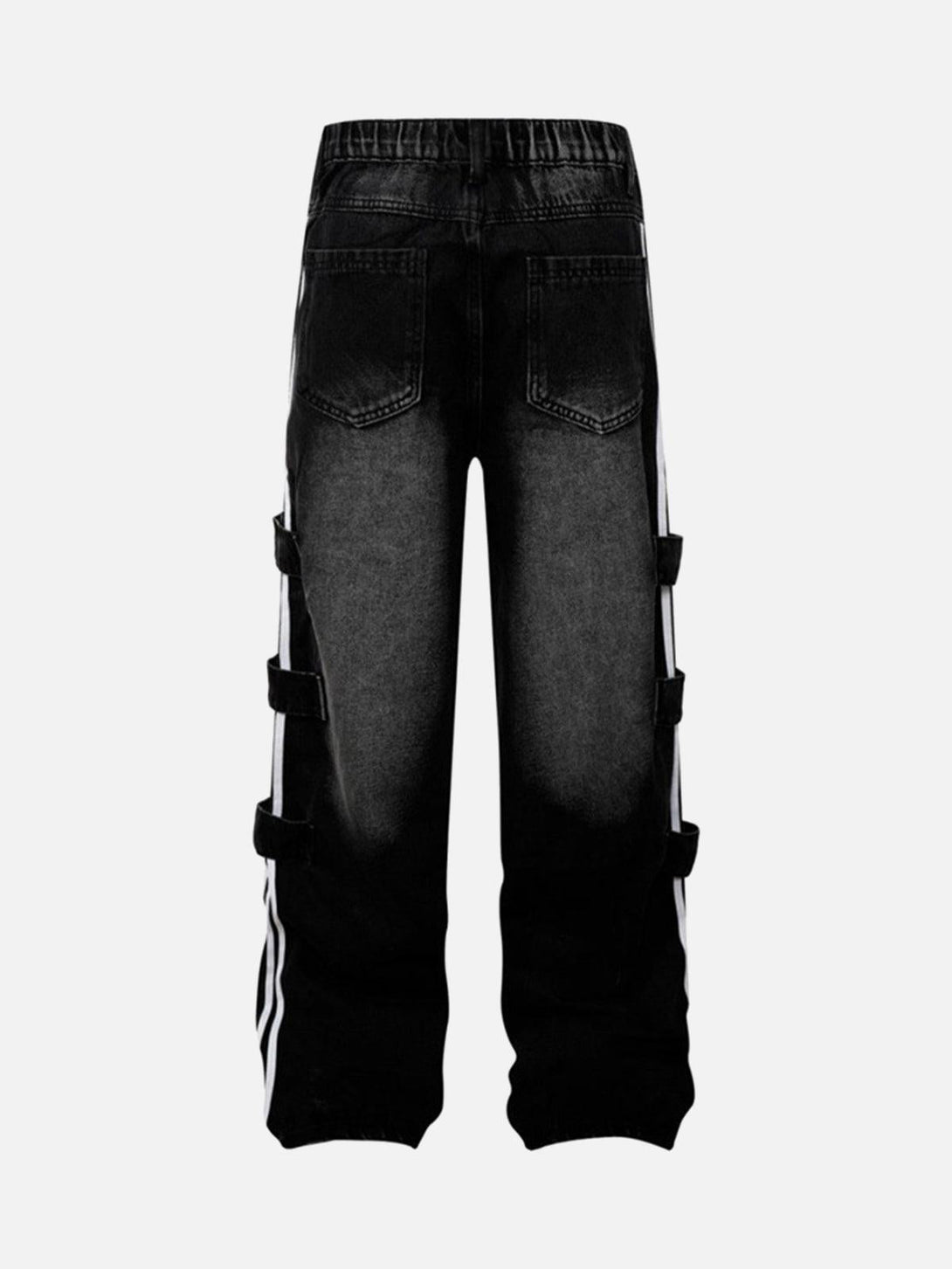 Back view of TALISHKO street stripe work jeans with side straps, ideal for casual wear.