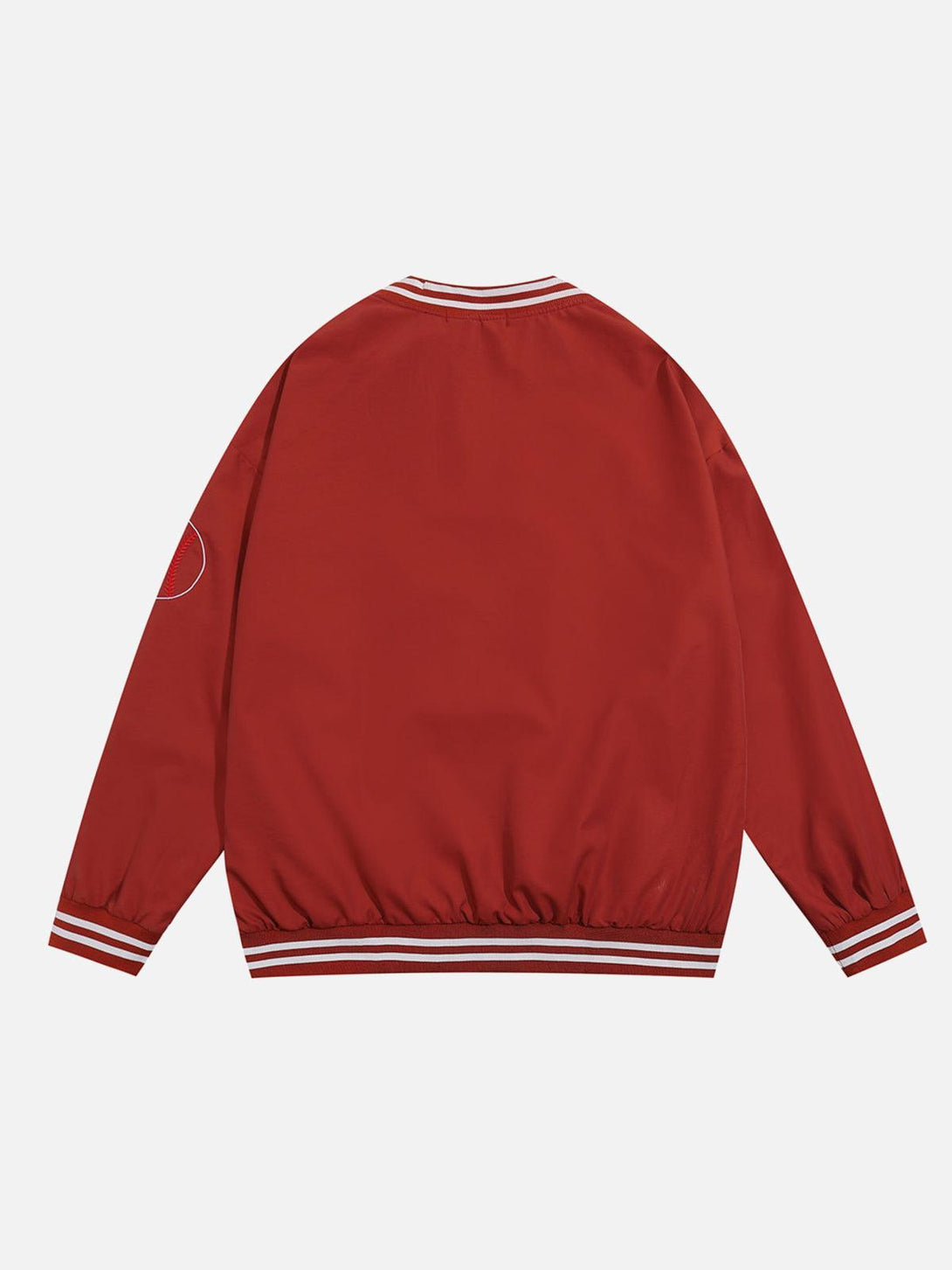 Back view of a red V-neck baseball-inspired sweatshirt by TALISHKO with striped cuffs.