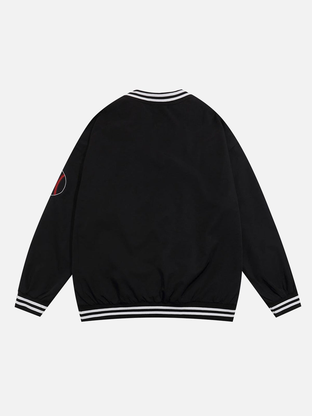 Back view of a black V-neck baseball-inspired sweatshirt by TALISHKO with striped cuffs.