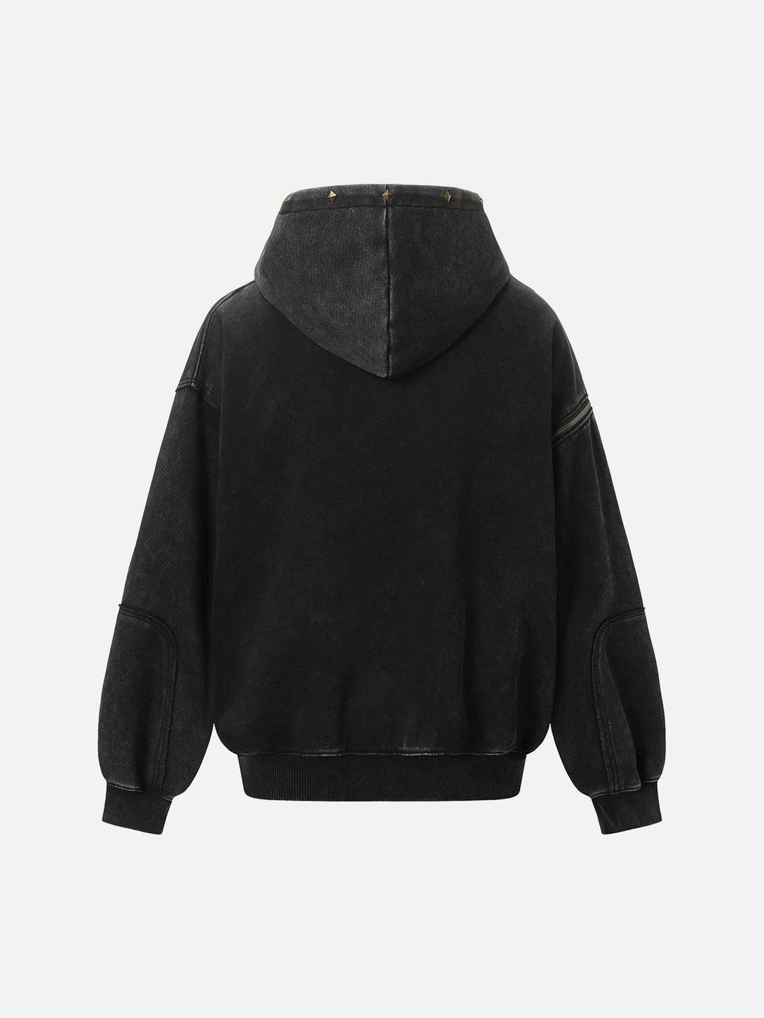 Back view of a black hooded jacket by TALISHKO, featuring distressed stitching and rivet accents.