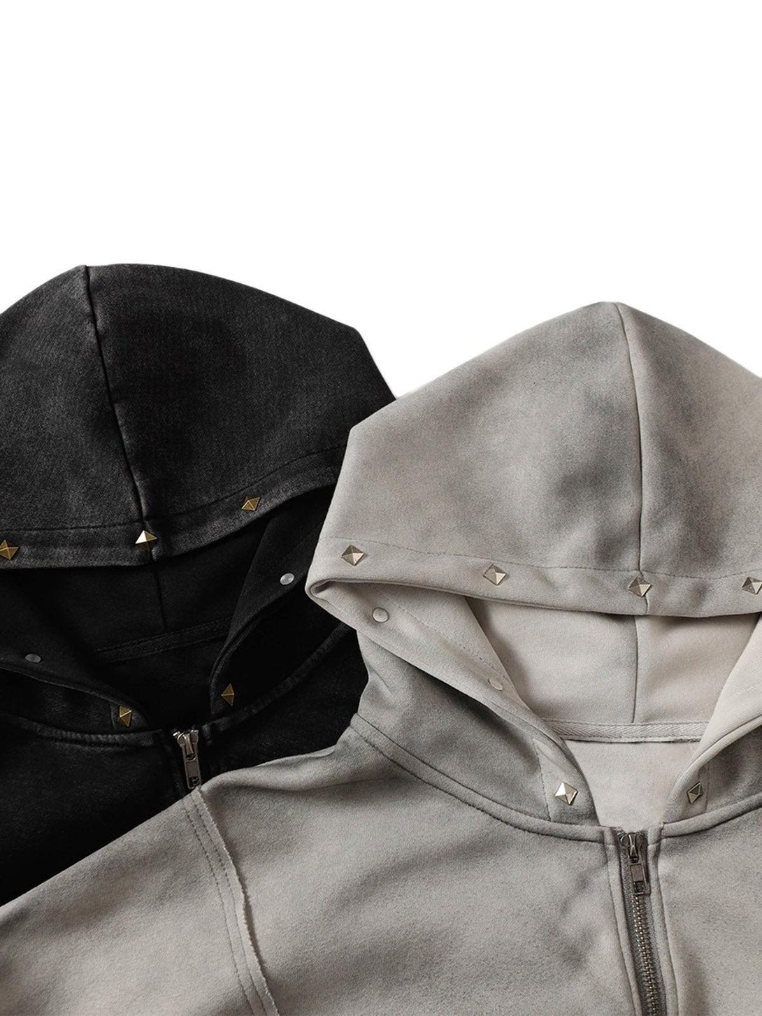 Focusing on the rivet details of TALISHKO hooded jackets, showcasing their washed fabric texture.