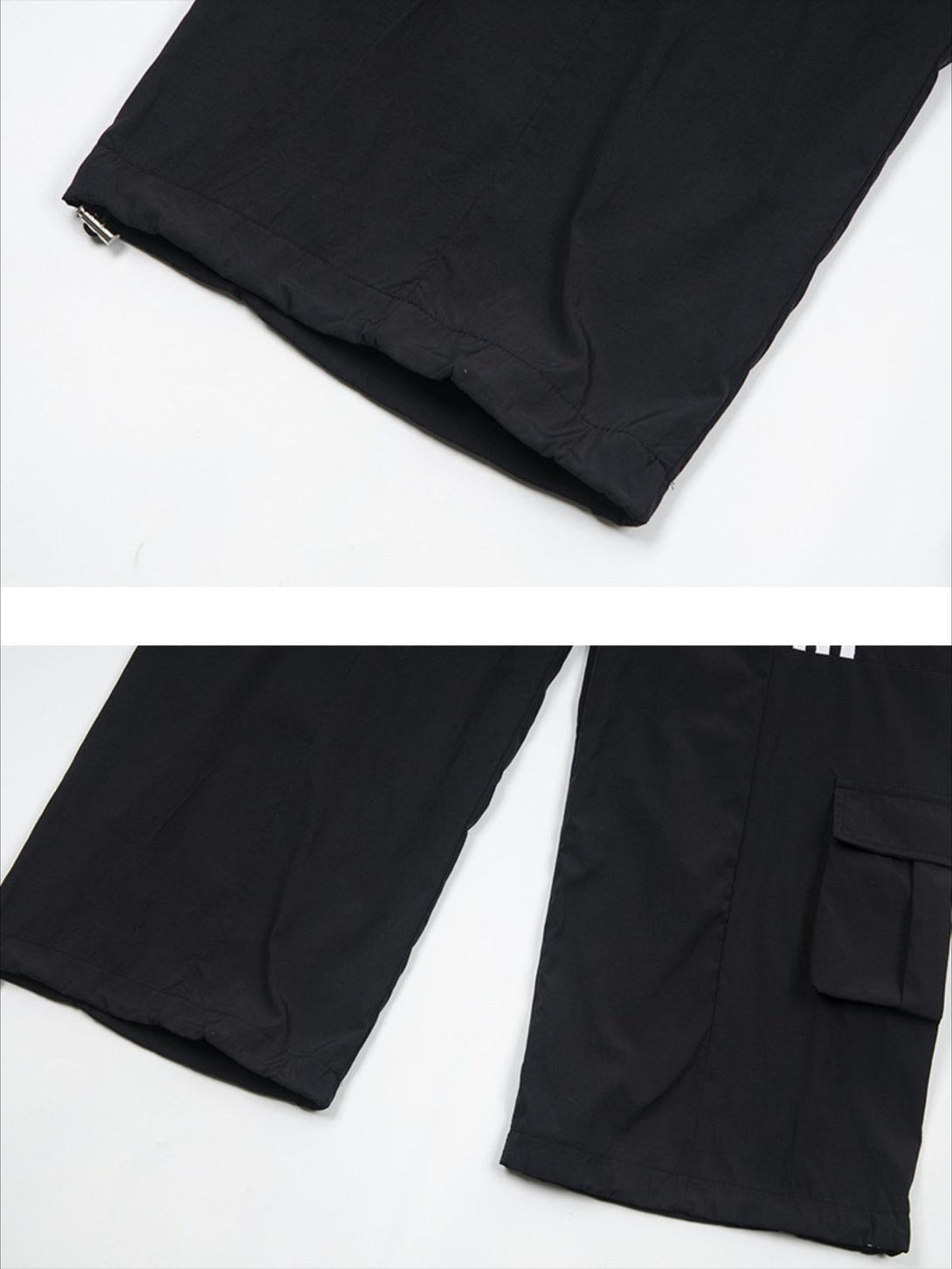 Detailed view of black draped sweatpants by TALISHKO, highlighting the hem and pocket design.