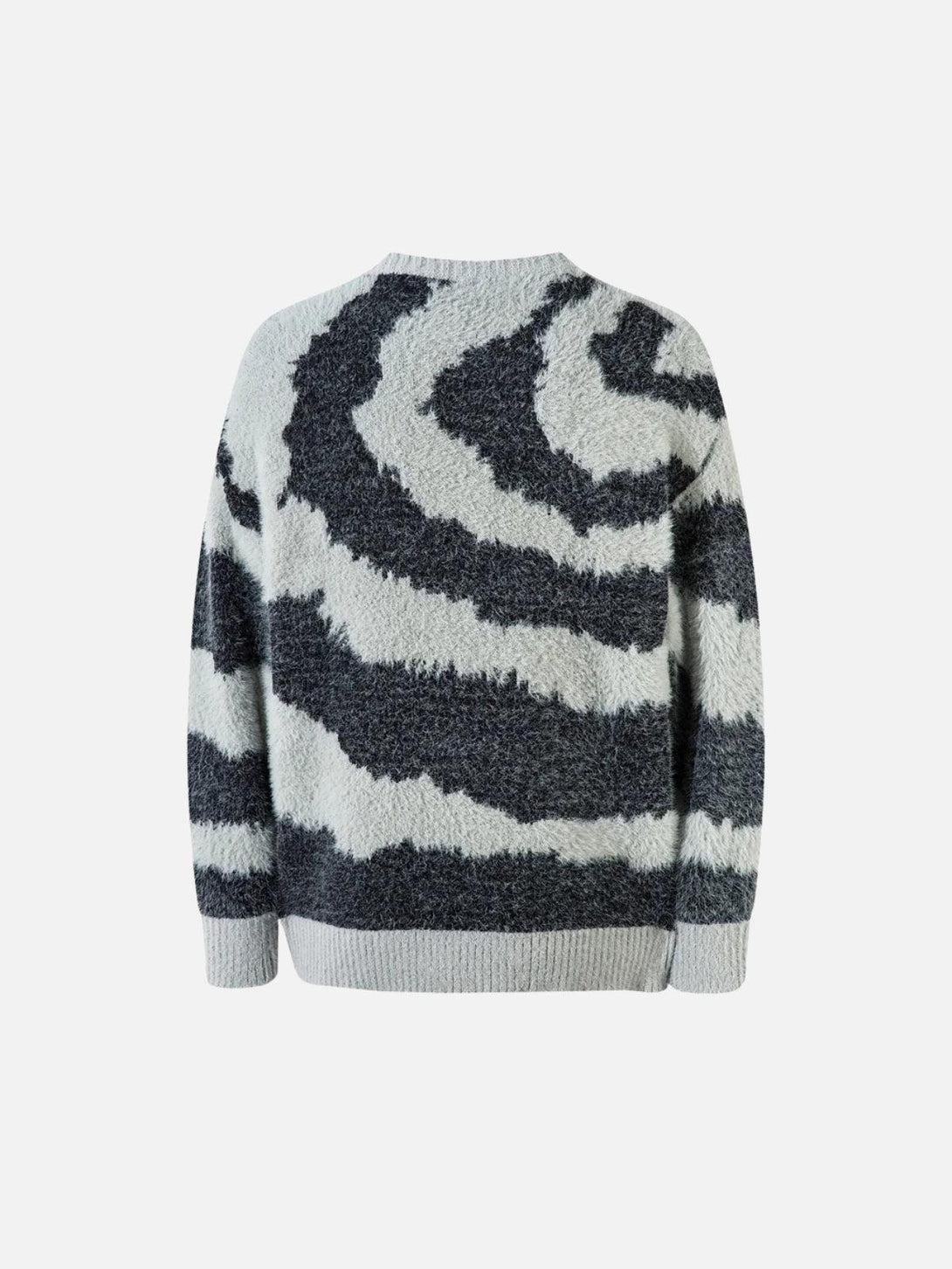 Back view of a fuzzy striped knit sweater by TALISHKO, showcasing a cozy, textured pattern.