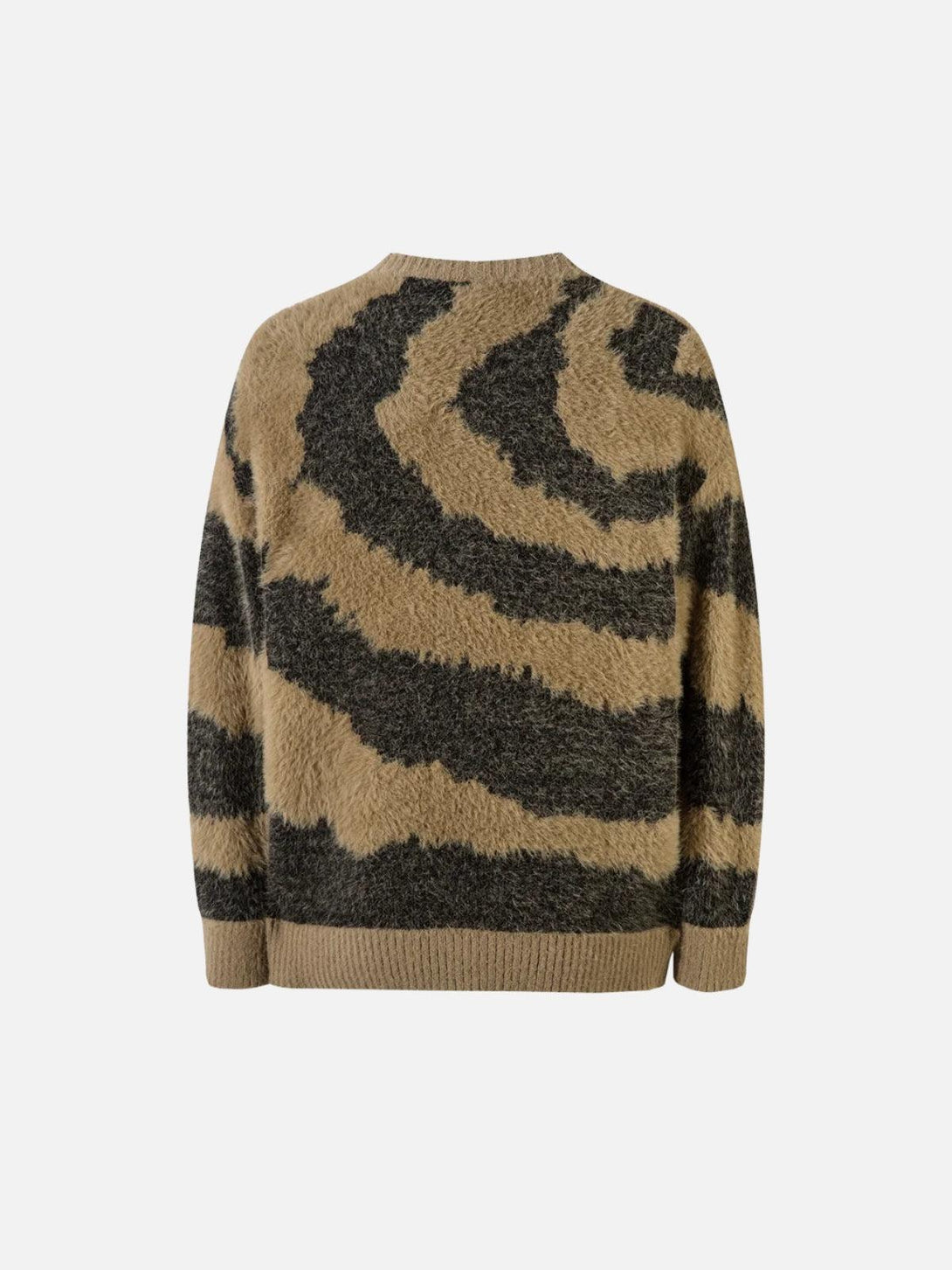 Back view of a fuzzy, abstract-patterned knit sweater by TALISHKO, featuring cozy texture.