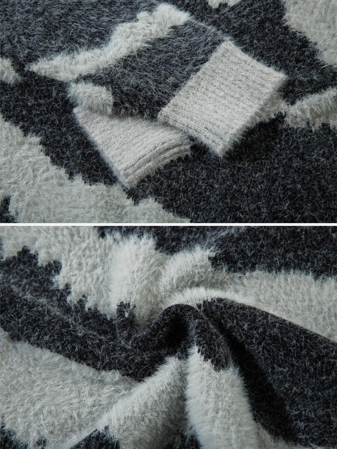 Detailed fabric and pattern showcased on a striped knit sweater by TALISHKO.