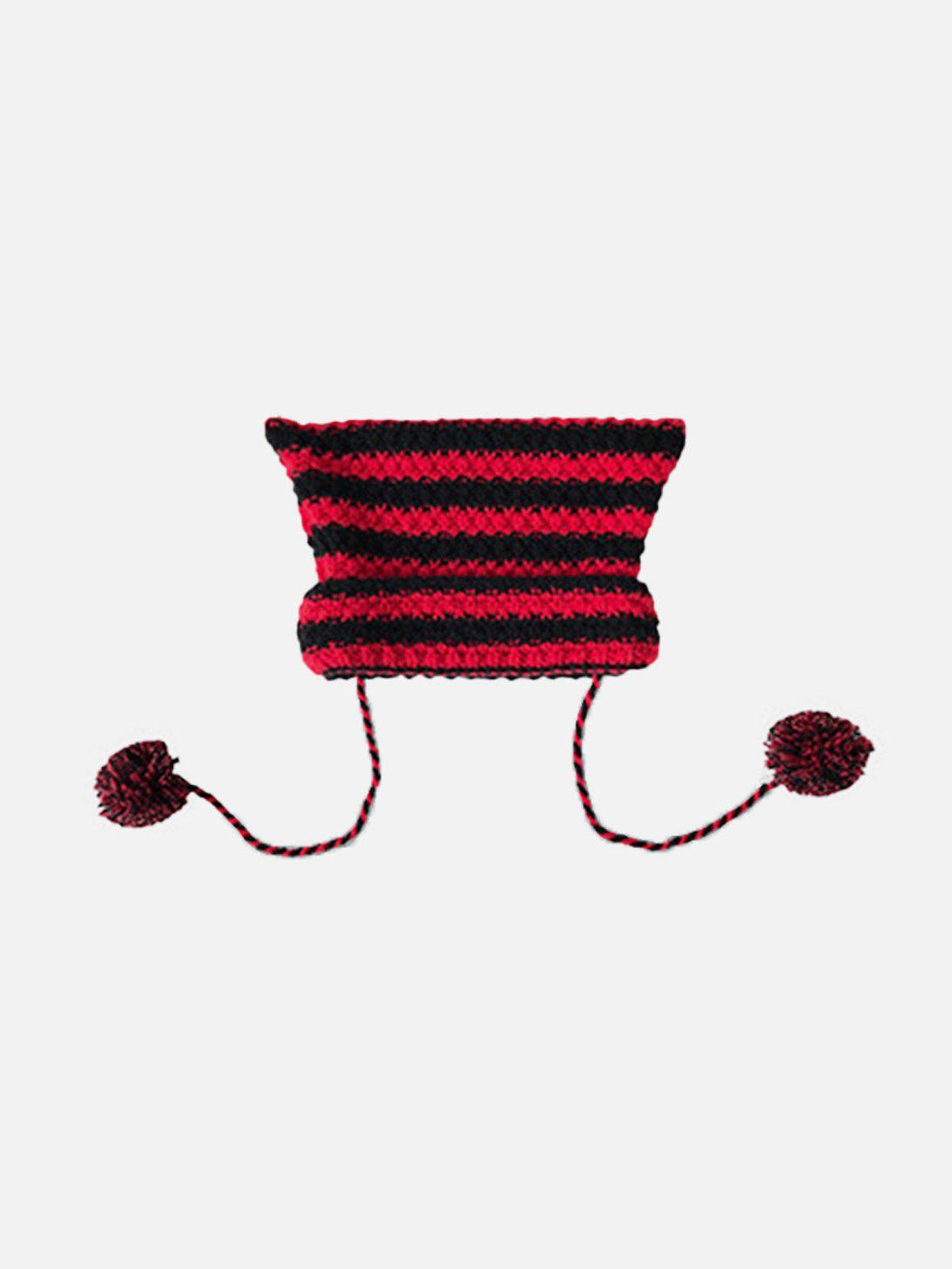 TALISHKO striped hat with cat ears and pom-pom ties, featuring a playful red and black design.