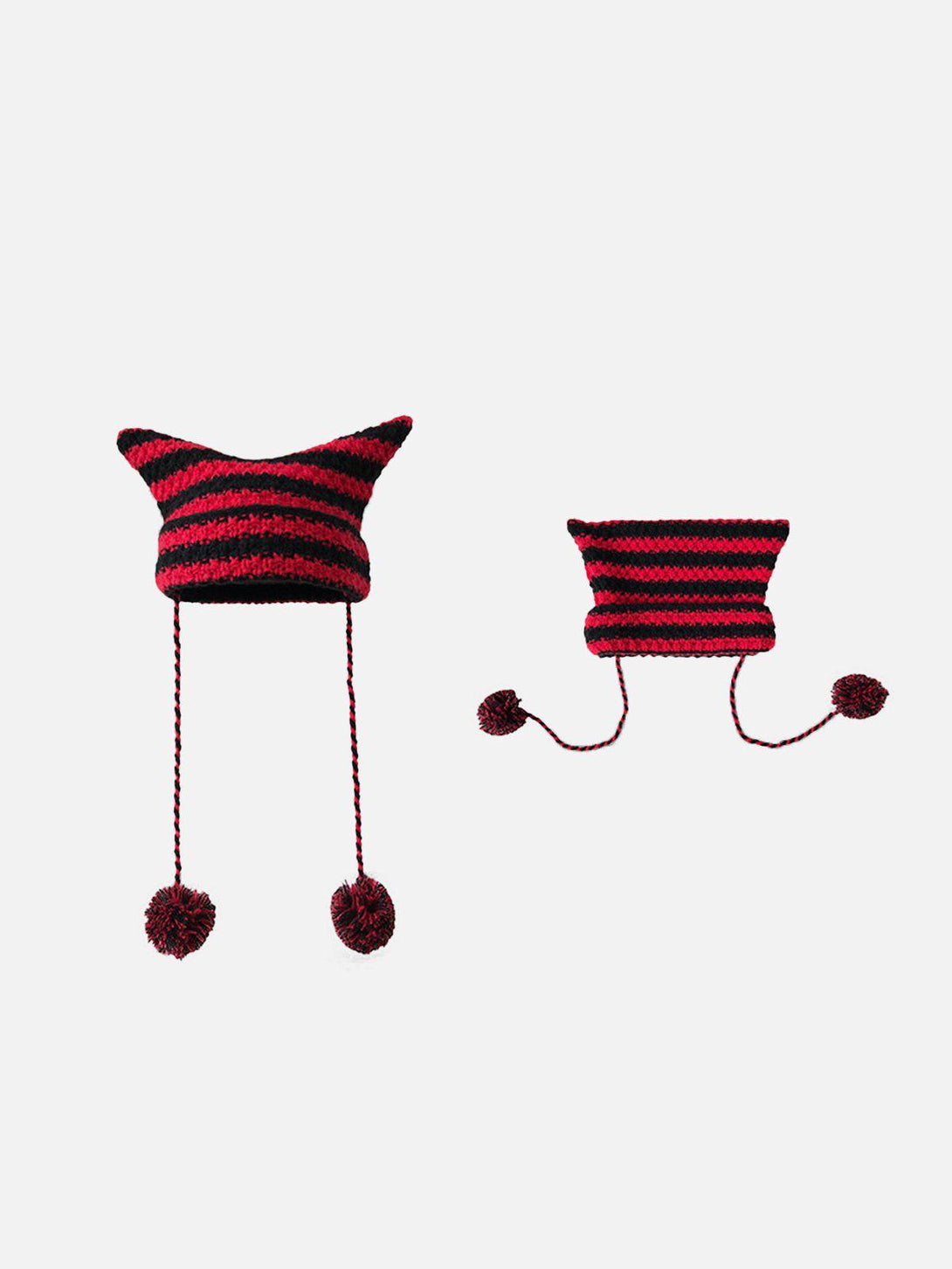 TALISHKO red and black striped cat ear hats with pom-pom ties, showcasing playful design.