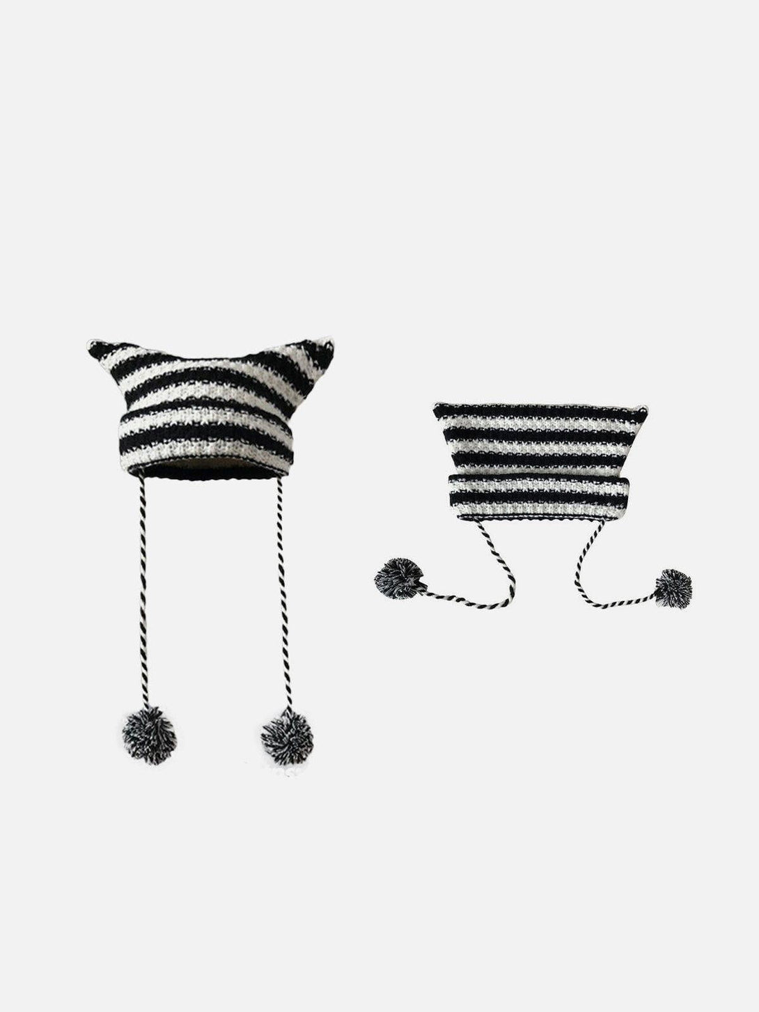 TALISHKO striped hat with cat ears and pom-pom ties, highlighting a whimsical style.