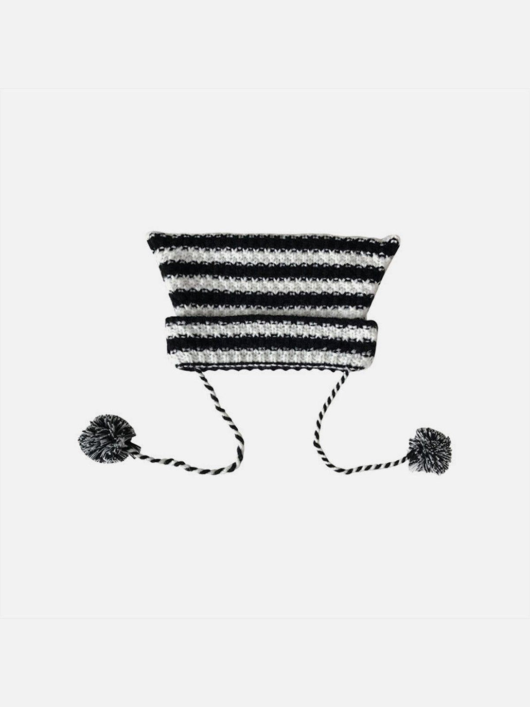 TALISHKO playful striped hat with cat ears and pom-pom ties, showcasing a whimsical design.